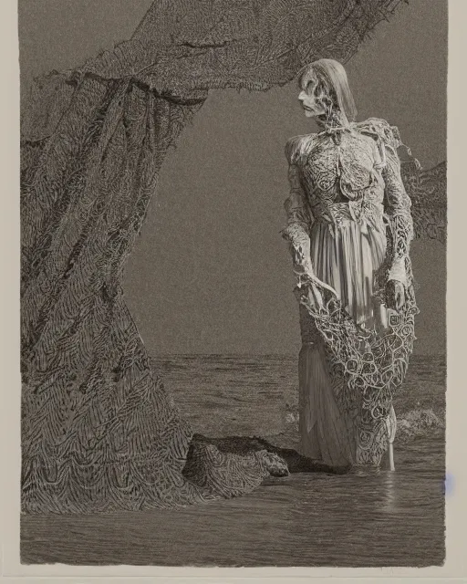 Image similar to a woman standing by the sea, made of intricate decorative lace leaf skeleton, in the style of the dutch masters and gregory crewdson, dark and moody