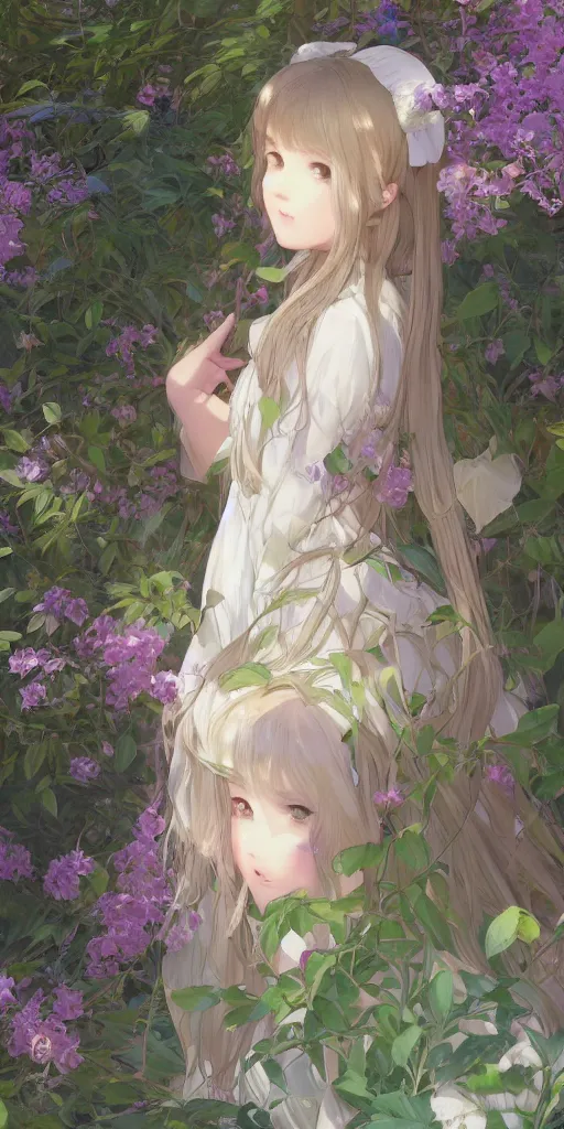 Image similar to a digital art of a loli with long hair in a dress in the privet garden at after noon, green and warm theme, back lighting, by krenz cushart and mucha and akihito yoshida and greg rutkowski and makoto shinkai, graphic design, extremely long shot, detailed eyes, 4 k resolution, trending on art station