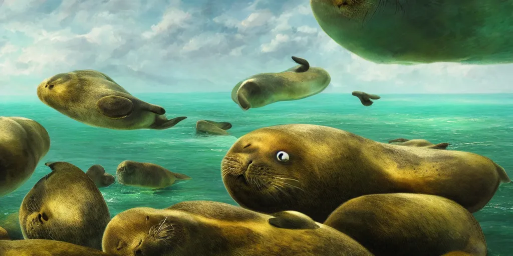 Image similar to Floating happy seals over a green ocean, Darek Zabrocki, Karlkka, Jayison Devadas, Phuoc Quan, trending on Artstation, 8K, ultra wide angle, pincushion lens effect.