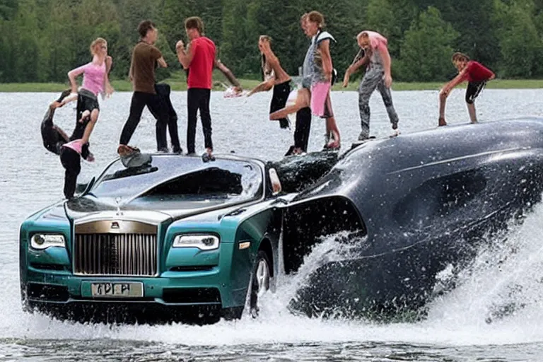 Image similar to Group of teenagers push Rolls-Royce into lake from small slide