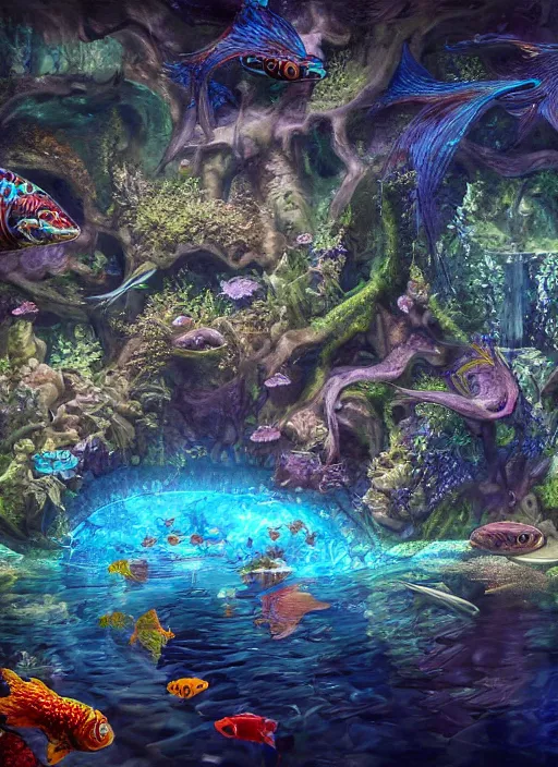 Image similar to people observing lots of beautiful fish in an underground aquarium corridor, in the style of john stephens, fantasy art, ray tracing, water droplets, highly detailed, artstation trend, highly detailed and intricate, sharp focus, photography, unreal engine 5