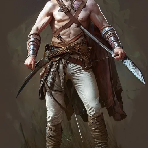 Image similar to portrait of a young rugged ranger holding his longsword up, hands, muscular, upper body, D&D, fantasy, intricate, elegant, highly detailed, digital painting, artstation, concept art, smooth, sharp focus, illustration, art by Artgerm and Greg Rutkowski and Alphonse Mucha