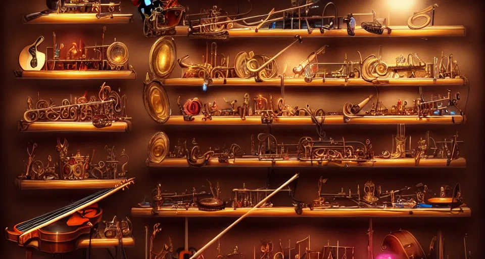 Image similar to a shelf of amazing magical musical instruments, cinematic lighting, detailed, beautiful colors, ornate, by greg rutowski and artgerm 4 k