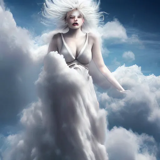 Image similar to a colossal goddess wearing a cloud fashion is looking on us from above, creative, albino skin, giant, digital art, photo manipulation, clouds, covered in clouds, girl clouds, covered by clouds, white hair, digital painting, artstation