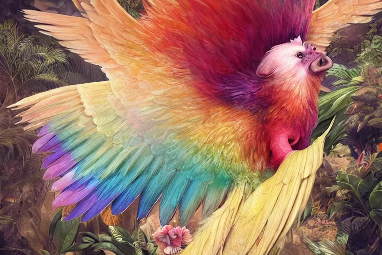 Image similar to a rainbow feathered pig with wings, flying above a tropical forest, HD, illustration, epic, D&D, fantasy, intricate, elegant, highly detailed, digital painting, artstation, concept art, smooth, sharp focus, illustration, wallpaper, art by artgerm and greg rutkowski and alphonse mucha and jin xiaodi and anthony devine