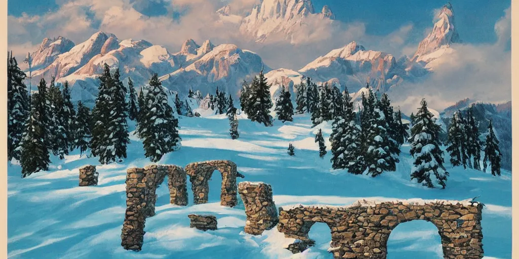 Image similar to idyllic poster of a craggy icy ski resort with large pillars of rock and no trees