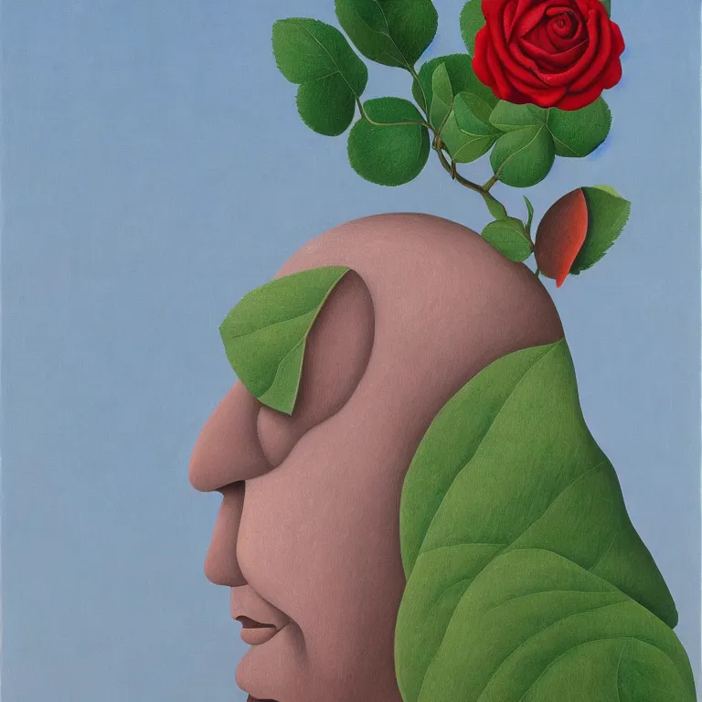 Image similar to portrait of a faceless rose flower - head man by rene magritte, detailed painting, distance, centered, hd, hq, high resolution, high detail, 4 k, 8 k