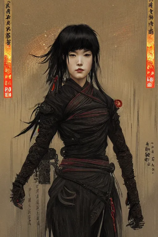 Image similar to portrait black hair samurai warrior girl, in ruin fire rainy honnoji temple night, ssci - fi and fantasy, intricate and very very beautiful and elegant, highly detailed, digital painting, artstation, concept art, smooth and sharp focus, illustration, art by tian zi and wlop and alphonse mucha