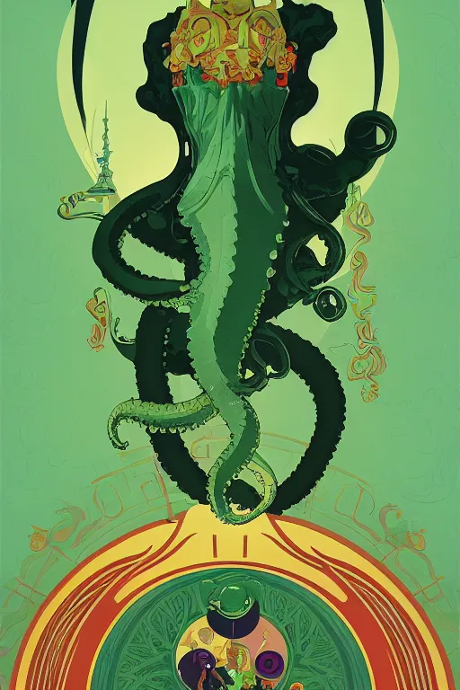 Prompt: a movie poster for the film (green monster octopus) by Tom Whalen, by Alphonse Mucha, highly detailed, fantasy, artstation