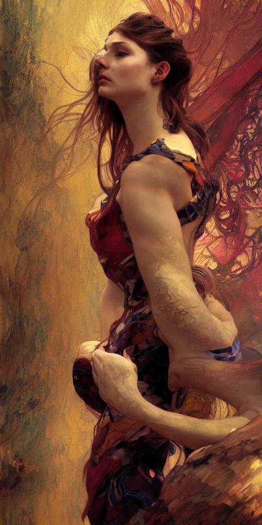 Prompt: an intricate painting of an artistic pose beautiful young lady muse with an artistic pose, hyper - detailed, octane render, vivid colors, artstation, by jeremy mann, by alphonse mucha, by boris vallejo, by gustav klimt