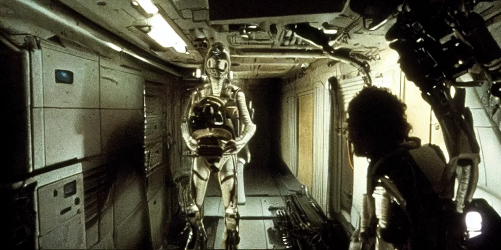 Prompt: Ridley Scott cinematic scene from Alien movie with Ripley hiding in a corner, low light, dark, grainy, 35 mm, realistic, Panavision PSR R-200