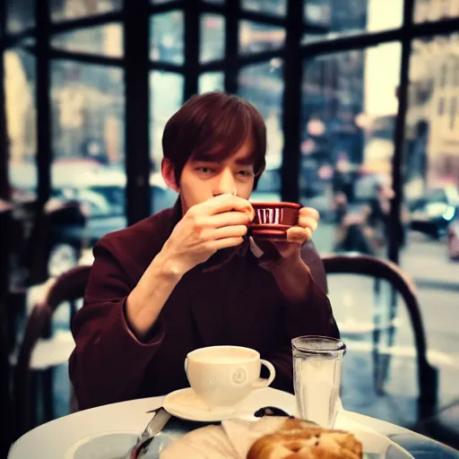 Prompt: an actual picture of byun baekhyun drinking tea in a cafe in downtown new york, photography, 5 0 mm, kodak, uhd 8 k, motion blur,