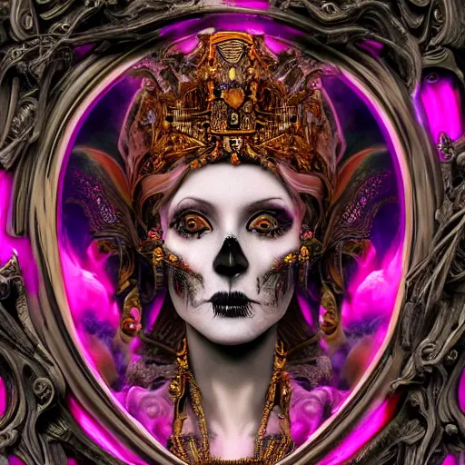 Prompt: a beautiful detailed 3d matte painting of female goddess of the dead, ominous, magical realism, texture, seductive, erotic, tempting, beautiful face, intricate, ornate, black, gold, neon pink, smoke swirls, royally decorated, 3d sculpture, skull, skeleton, whirling smoke, embers, adornements, 8k