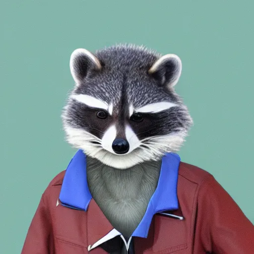 Image similar to anthropomorphic racoon, chibby, male, blue jacket