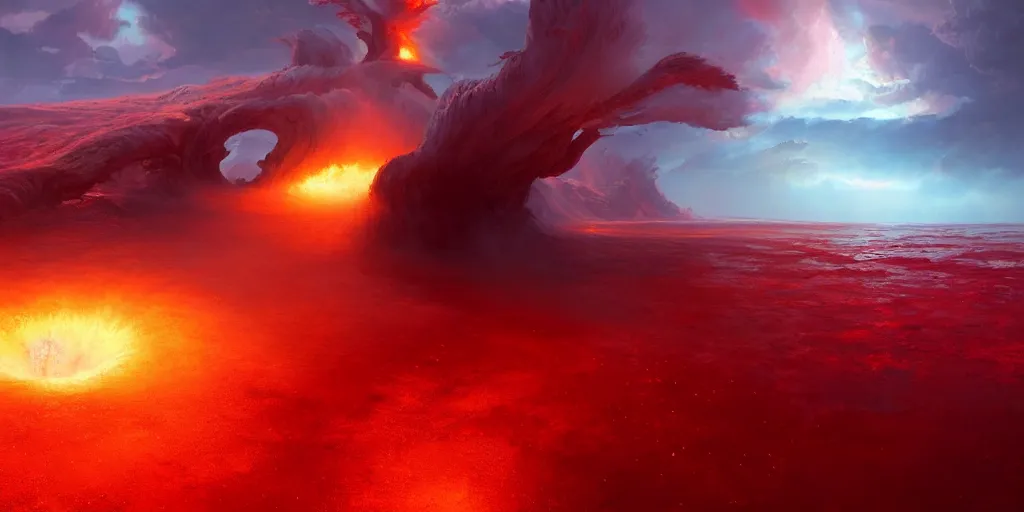 Prompt: a boiling red sea with geysers of superheated steam, extremely detailed oil painting, unreal 5 render, rhads, Bruce Pennington, Studio Ghibli, tim hildebrandt, digital art, octane render, beautiful composition, trending on artstation, award-winning photograph, masterpiece