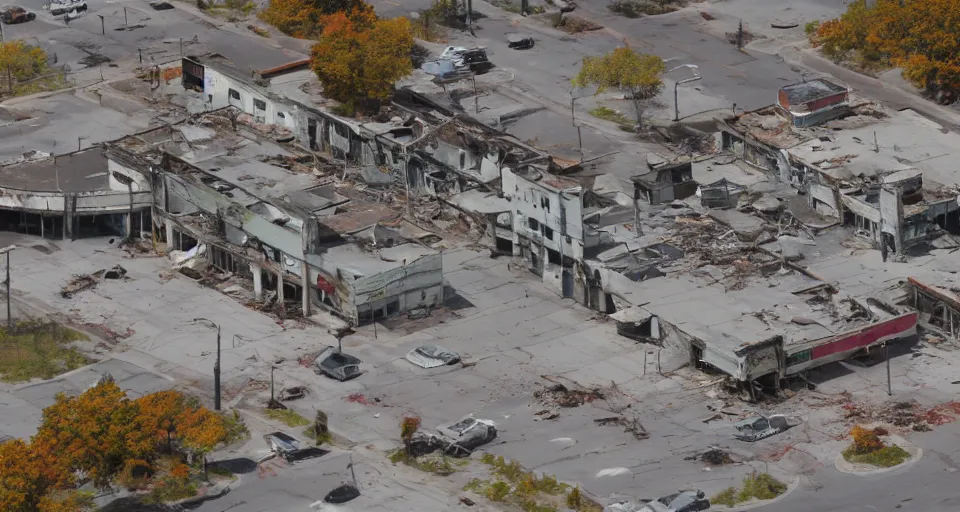 Image similar to top down aerial view of dilapidated zombie - apocalypse gas - station with supermarket and restaurants in real life, desolate with zombies, dilapidated, zombies in the streets, nightmarish, some rusted style parked vehicles, sunny weather, few clouds, volumetric lighting, photorealistic, daytime, autumn, sharp focus, ultra detailed, cgsociety