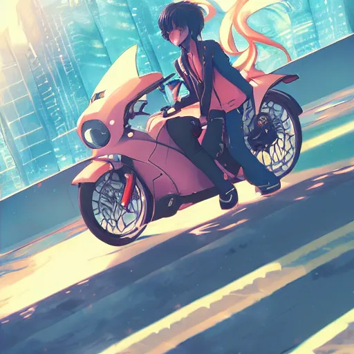 Image similar to anime style akira key character and motorcycle city landscape, 4k, anime key visual, lois van baarle, ilya kuvshinov, rossdraws, artstation