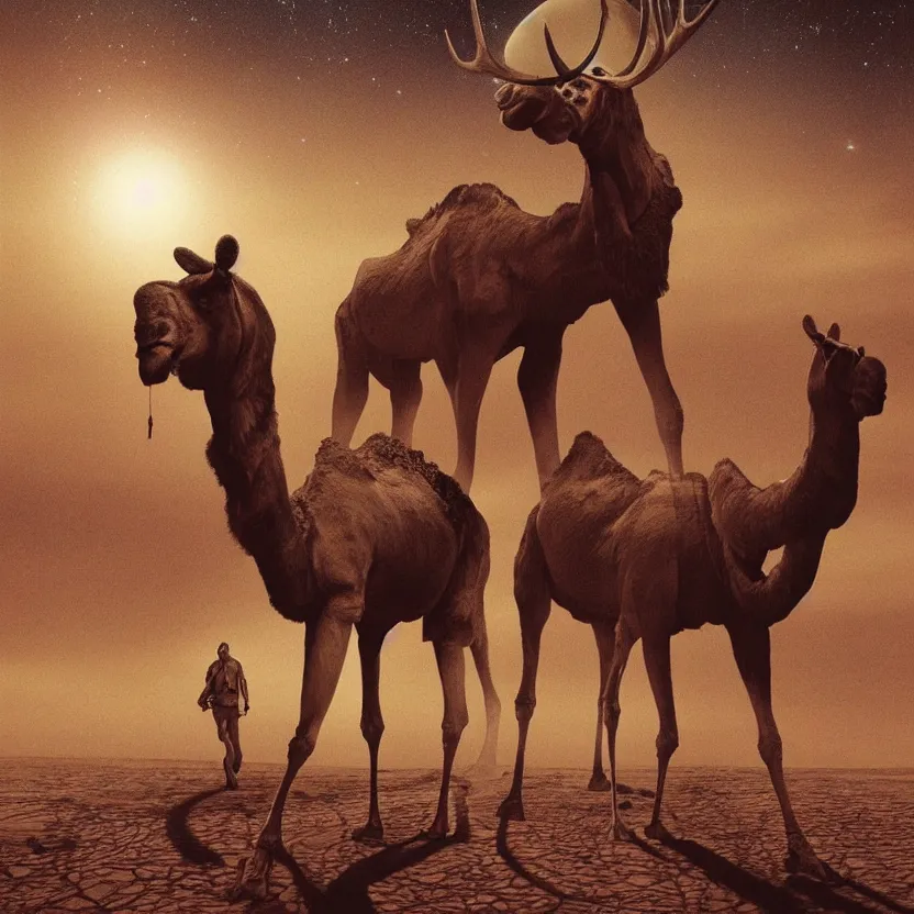 Image similar to an otherworldly camel moose, walking in an extraterrestrial desert. pulp sci - fi art. dark background