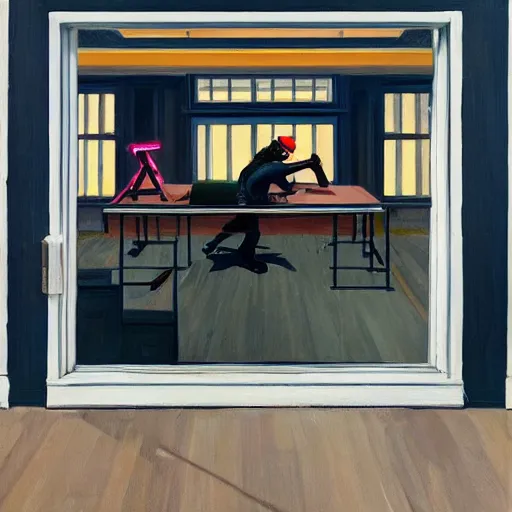 Image similar to A fine art painting of a man wearing Vr goggles dressed as a hypebeast and creating the metaverse at a desk through a window on a British street. In the style of Edward Hopper and Wes Anderson