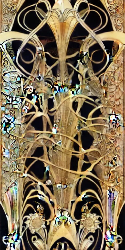 Image similar to the source of future growth dramatic, elaborate emotive Art Nouveau styles to emphasise beauty as a transcendental, seamless pattern, symmetrical, large motifs, hyper realistic, 8k image, 3D, supersharp, Art nouveau curves and swirls, metallic polished surfaces, glittery iridescent and black and gold colors , pastel colors, perfect symmetry, iridescent, High Definition, sci-fi, Octane render in Maya and Houdini, light, shadows, reflections, photorealistic, masterpiece, smooth gradients, high contrast, no blur, sharp focus, photorealistic, insanely detailed and intricate, cinematic lighting, Octane render, epic scene, 8K