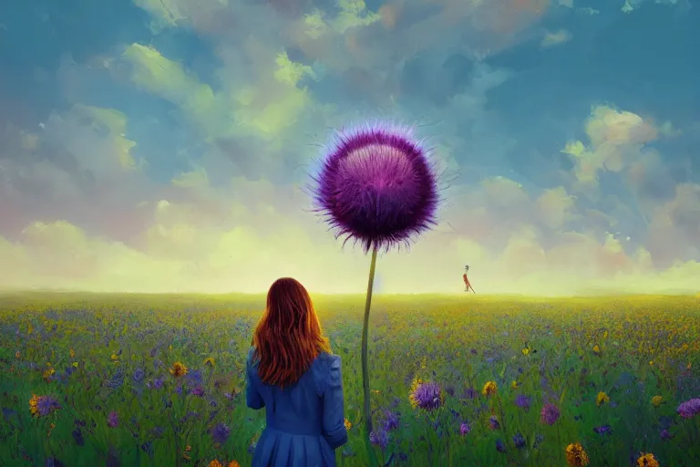 Image similar to giant thistle flower under head, a girl in a suit in field of flowers, surreal photography, sunrise, blue sky, dramatic light, impressionist painting, digital painting, artstation, simon stalenhag