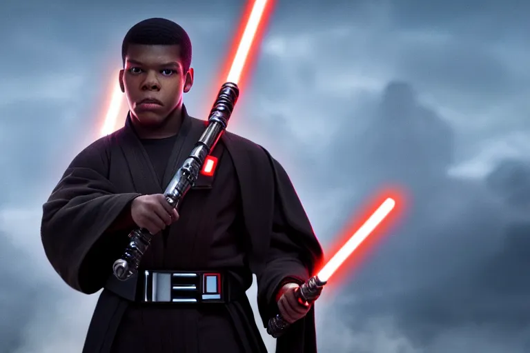 Image similar to Star Wars, full body, Finn played by John Boyega standing alone wearing jedi robes holding a lightsaber in heroic pose, ultra realistic, 4K, movie still, UHD, sharp, detailed, cinematic, render, Wide shot