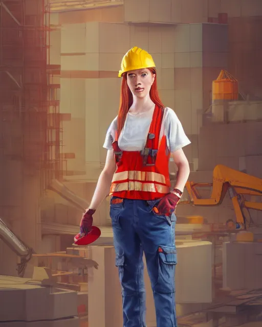 Prompt: highly detailed full body character portrait of a female red head in a construction worker costume, painting with detailed face by Hsiao-Ron Cheng, 8k, high quality, award winning masterpiece, HDR,