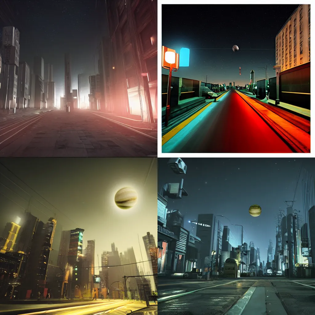 Prompt: Sci-fi dark city with tall street lights visible, Saturn looming in the sky - 3d art, unreal engine