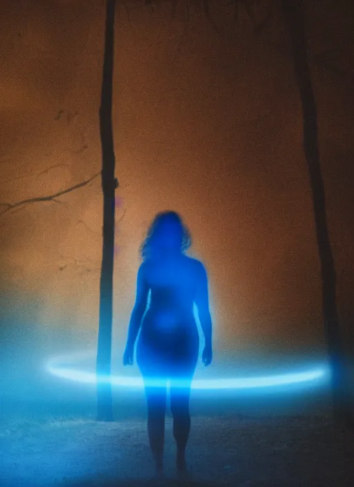 Image similar to a thin female silhouette walking, astral projection, blue glowing aura, out of body, film grain, cinematic lighting