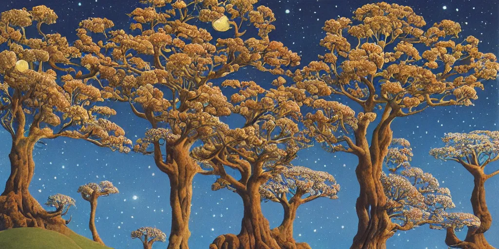 Prompt: blossom trees on a floating world with deep blue starry sky by roger dean