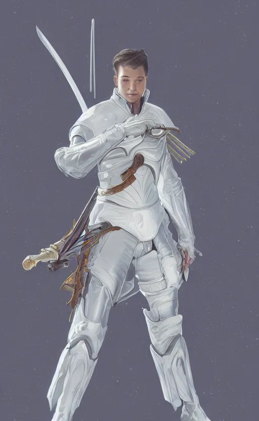 Image similar to a top view shot of a man in white futuristic armor, holding a katana , alphonse mucha , greg rutowski, illustration, science fiction, concept art, digital painting, fantasy, Trending on artstation
