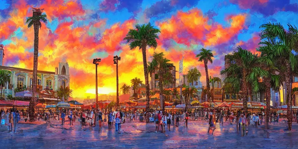 Prompt: sunset over tel aviv main square. colorful. highly detailed. palm trees. artstation trending. concept art. digital painting