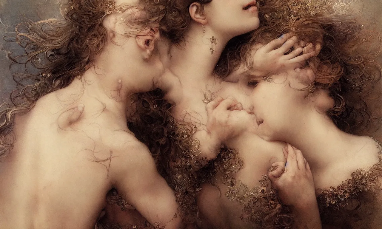 Prompt: breathtaking detailed soft painting of your head turns away, the new love, your head turns back, the novel love, rembrandt style, elegant, highly detailed, artstation, concept art, matte, sharp focus, art by alfons mucha and luis royo and tom bagshaw, and greg rutkowski