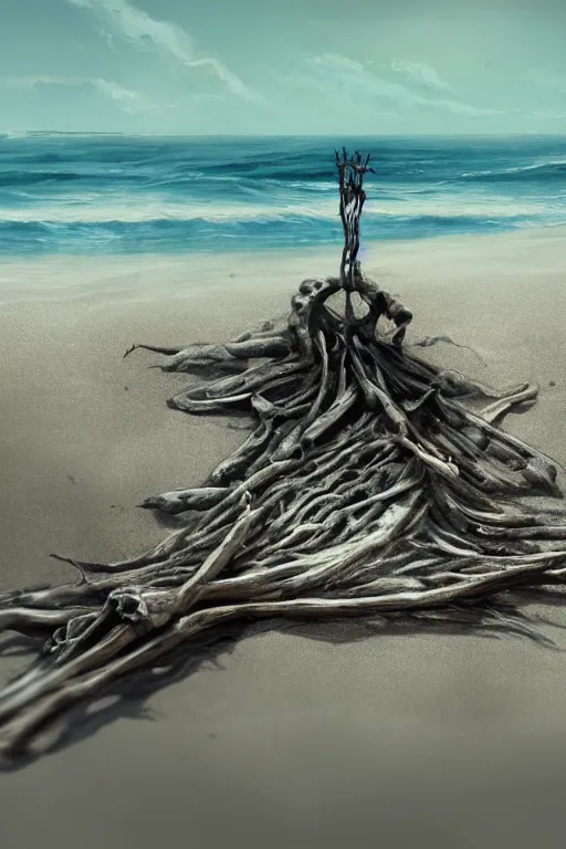 Image similar to bones on a beach, driftwood, skeletal, seaweed, gray, extremely detailed digital art, in the style of greg rutkowski, trending on artstation, 8 k