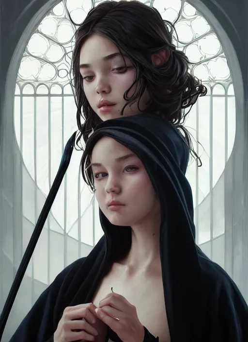 Prompt: perfectly - centered - portrait of a girl wearing black robe holding stick, intricate, epic scale, rule of third, highly detailed, digital painting, artstation, concept art, sharp focus, illustration, oil painting, unreal engine 5, 8 k, art by artgerm and james jean and sam spratt and greg rutkowski and alphonse mucha