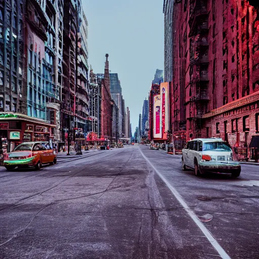 Prompt: color photograph of highly detailed abandoned New York city street at night after the war between humans and AIs, natural light, film grain, soft vignette, sigma 85mm f/1.4 1/10 sec shutter, film still promotional image, IMAX 70mm footage