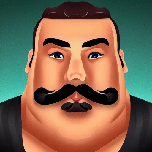 Prompt: face portrait a big beefy man with a large face, thick dark hair, a bushy black moustache, with hardly any neck and mean little eyes, highly detailed, sharp focus, trending on art station, colourful drawing