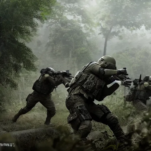 Image similar to Mercenary Special Forces soldiers in light grey uniforms with black armored vest and helmet launching an ambush attack on insurgents in the jungles of Tanoa, combat photography by Feng Zhu, highly detailed, excellent composition, cinematic concept art, dramatic lighting, trending on ArtStation