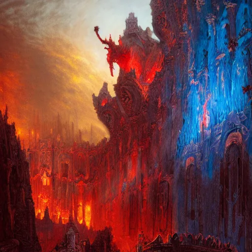 Image similar to the holy castle of Hades, hellish, bright in fury, red and blue, with demon statues, hyperdetailed, artstation trending, world renowned artists, worth1000.com, historic artworks society, antique renewel, cgsociety, by greg rutkowski, by Gustave Dore, Deviantart