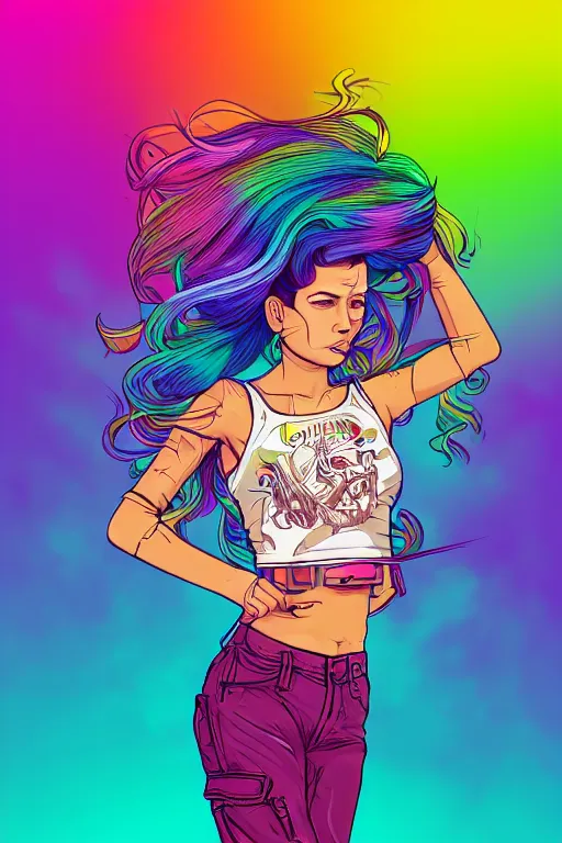 Image similar to a award winning half body portrait of a beautiful woman with stunning eyes in a printed croptop and cargo pants with rainbow colored ombre hairstyle head in motion and hair flying by josan gonzales, outrun, vaporware, shaded flat illustration, digital art, trending on artstation, highly detailed, fine detail, intricate