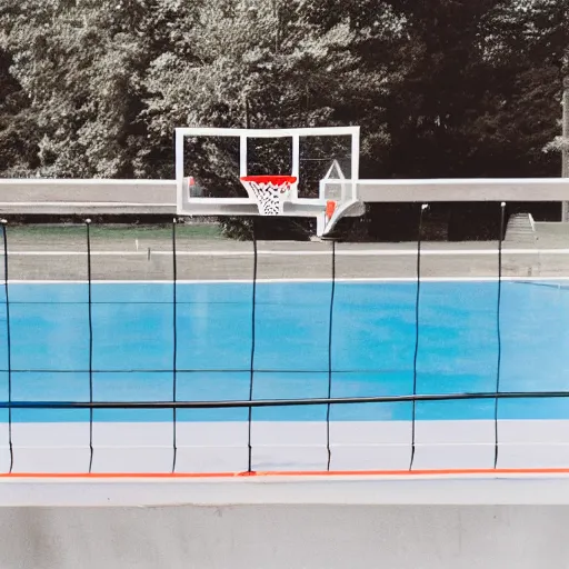 Image similar to film photo of a pool railing next to a basketball net and a retro car