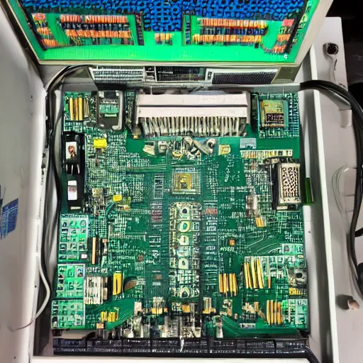 Image similar to big computer, wired up to circuit boards