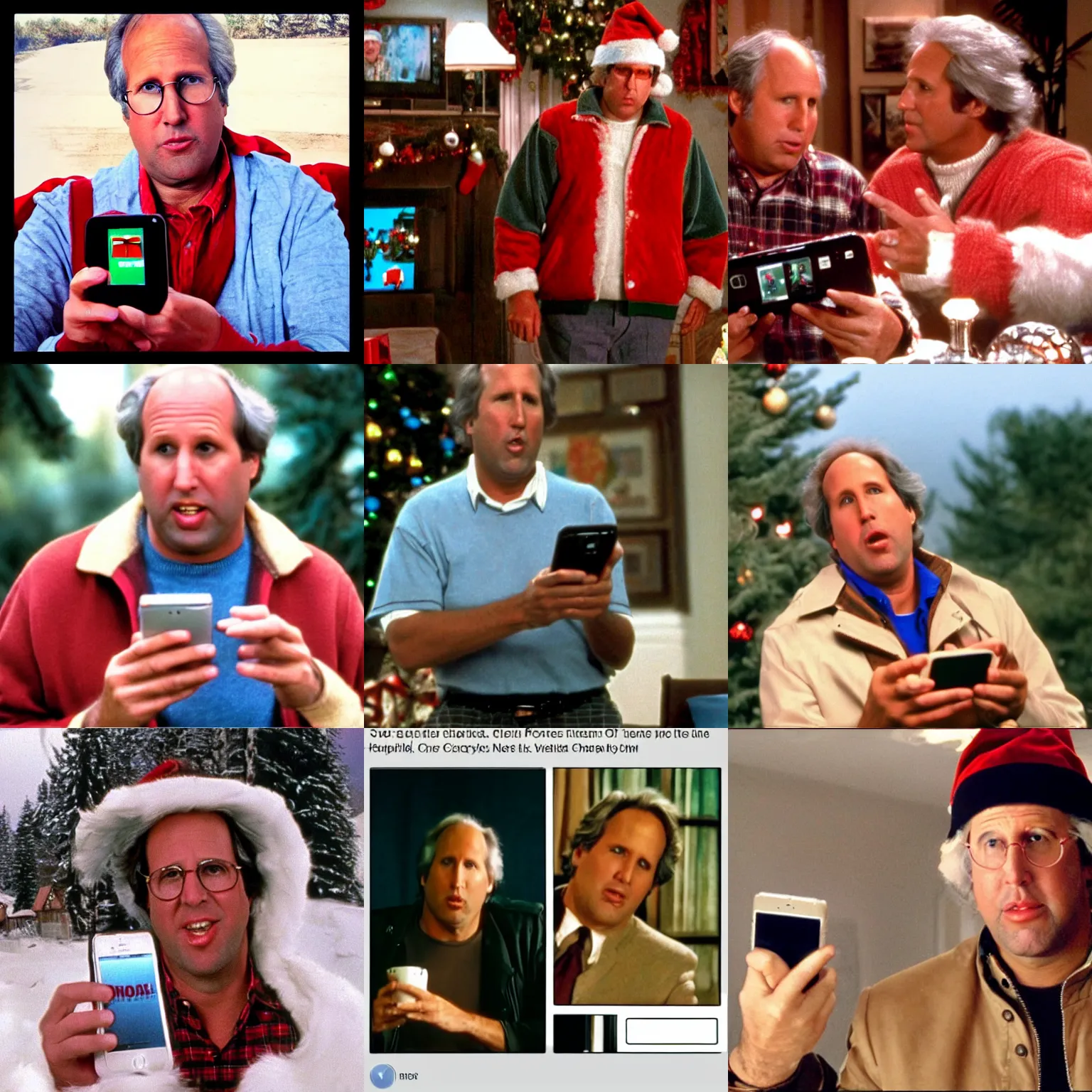 Prompt: chevy chase using an iphone, still from national lampoon christmas vacation