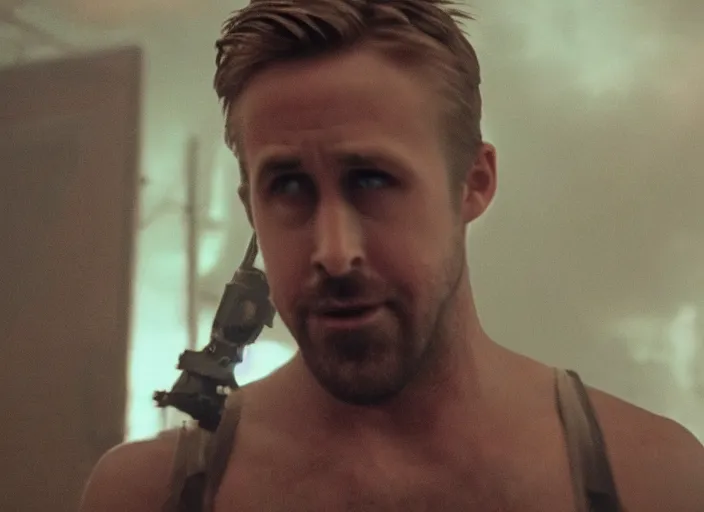 Image similar to ryan gosling in a fight with ant aliens, still from horror movie, movie shot, extremly high quality, uhd, 4 k, cinematic lighting