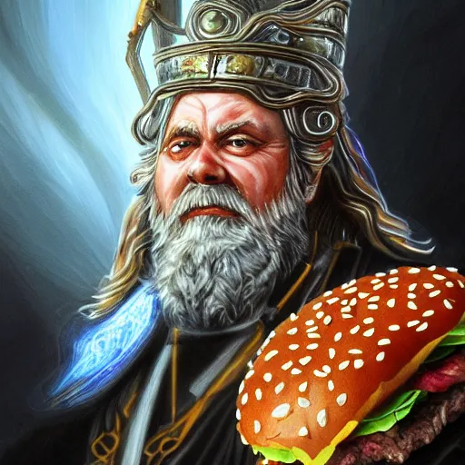 Prompt: mythological Odin all father god of thunder and artificial intelligence creating an artificial neural network inside a big mac, serving burgers, eating rack of ribs, bbq sauce, high resolution, award winning art, trending on art station, sharp image, incredibly detailed, odin all father detailed character, realistic painting