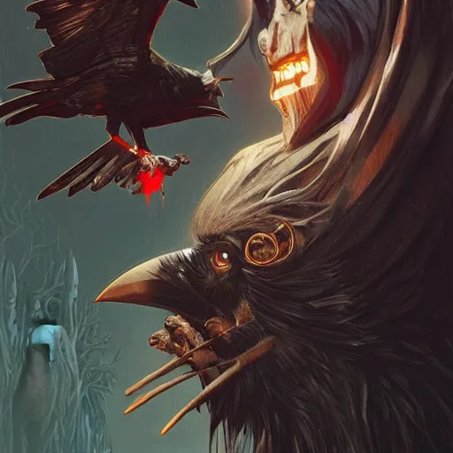 Image similar to jim carrey controlling evil ravens, demonic, evil, satanic, intricate, highly detailed, digital painting, artstation, concept art, smooth, sharp focus, illustration, unreal engine 5, 8 k, art by artgerm and greg rutkowski and alphonse mucha