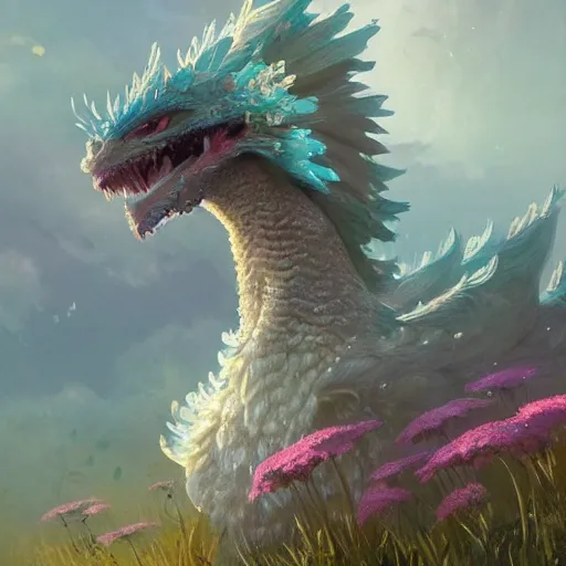 Image similar to beautiful digital fantasy illustration of a closeup adorable giant fluffy feathered sparkling pearlescent pastel dragon sitting alone in a flower meadow, concept art by greg rutkowski, anato finnstark, and rebecca guay, highly detailed, soft lighting, rendered in octane