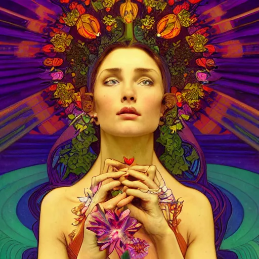 Image similar to a portrait painting of a singular beautiful female godess of spring, colorful flowers, holy geometry, tarot card style, by Mohrbacher and Moebius and Alphonse Mucha and Roger Deakins, cinematic lighting, masterpiece, golden ratio background, highly detailed, 8k resolution, trending on art station