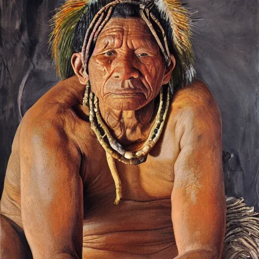 Image similar to high quality high detail painting by lucian freud, hd, full body of a indigenous tribe leader, photorealistic lighting