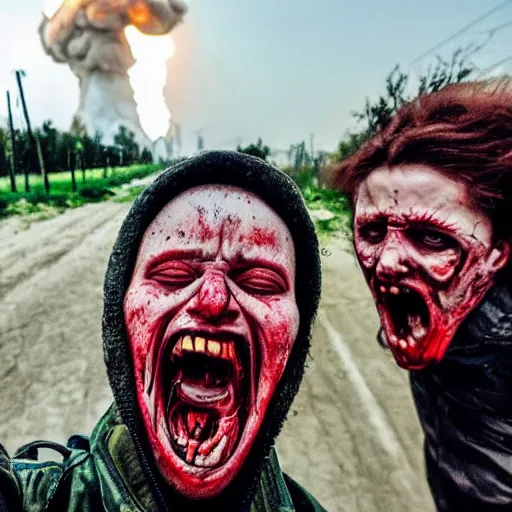 Image similar to selfie of a ukrainian screaming in pain and terrible injuries from a nuclear explosion, everything is on fire and radiation, in the background people look like zombies corpses and chocklets, a large nuclear explosion in the background